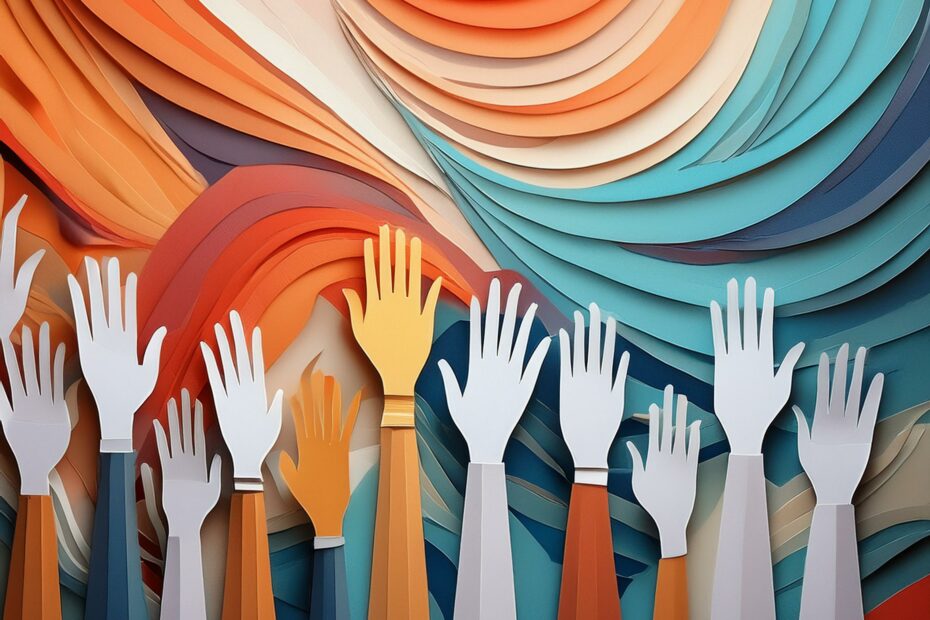 Image conceptuelle colorée de mains levées comme pour voter lors d'une assemblée générale. Créée avec l'aide de l'IA