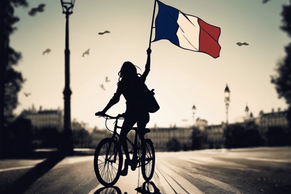 Image générée par Intelligence Artificielle. Silhouette d'une femme à vélo brandissant un drapeau français.