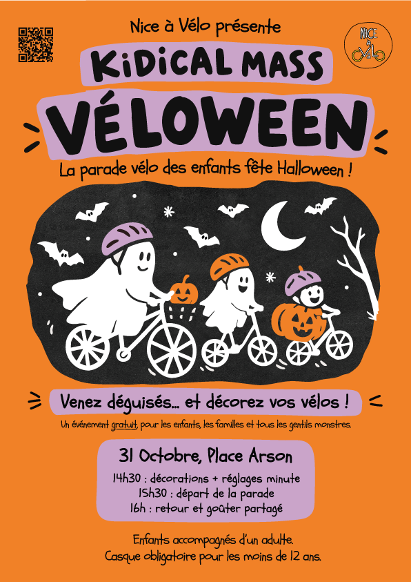 Affiche Kidical Mass Véloween : parade à vélo d'Halloween pour enfants le 31 octobre Place Arson à Nice.