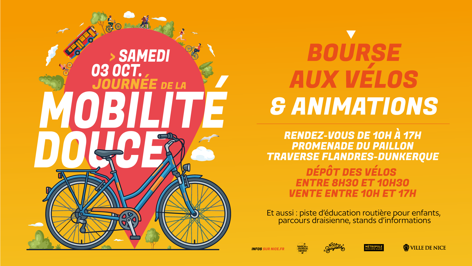Affiche Journée de la mobilité douce à Nice : bourse aux vélos et animations le samedi 3 octobre.